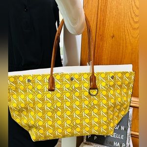 TORY BURCH LOGO BASKWTWEAVE TOTE- SAFFRON